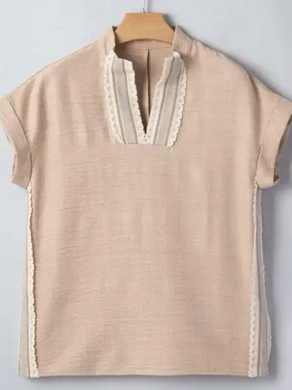 Beige Lace-Trim Short Sleeve Top